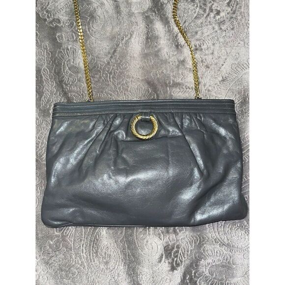 Vintage MORRIS MOSKOWITZ Leather Clutch Handbag Evening Gold Chain O Rings - Picture 3 of 9